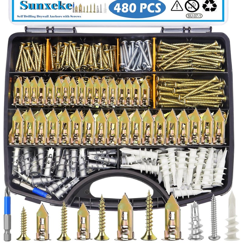 Sunxeke 480 PCS Self Drilling Drywall Anchors Kit with Screws - 4 Sheetrock Anchors & 5 Screw Sizes (2025 Upgraded), No Drill Needed, Zinc Plated Steel and Plastic, Heavy Duty Wall Anchors - Image 1